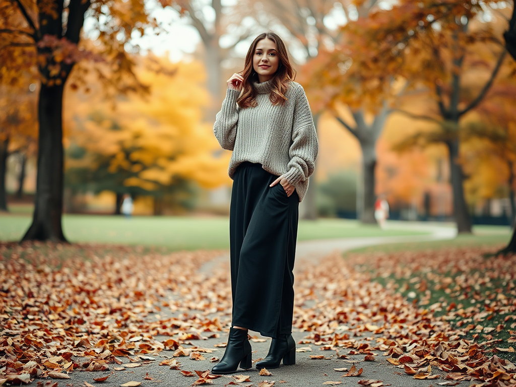 Een vrouw in een gebreide trui en zwarte broek staat in een herfstlandschap vol gekleurde bladeren.