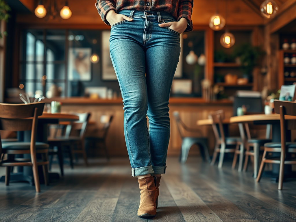 Een vrouw staat met haar handen in haar broekzakken in een café met houten meubels en warme verlichting.