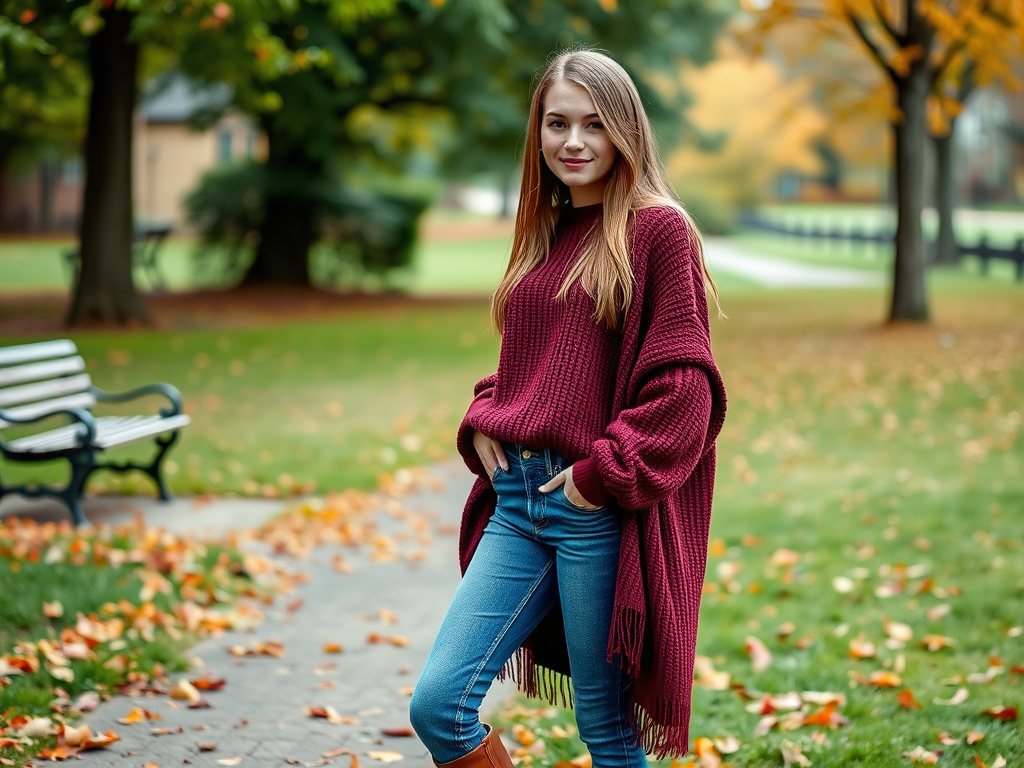 Een jonge vrouw in een bordeauxrode trui staat in een park omringd door herfstbladeren.