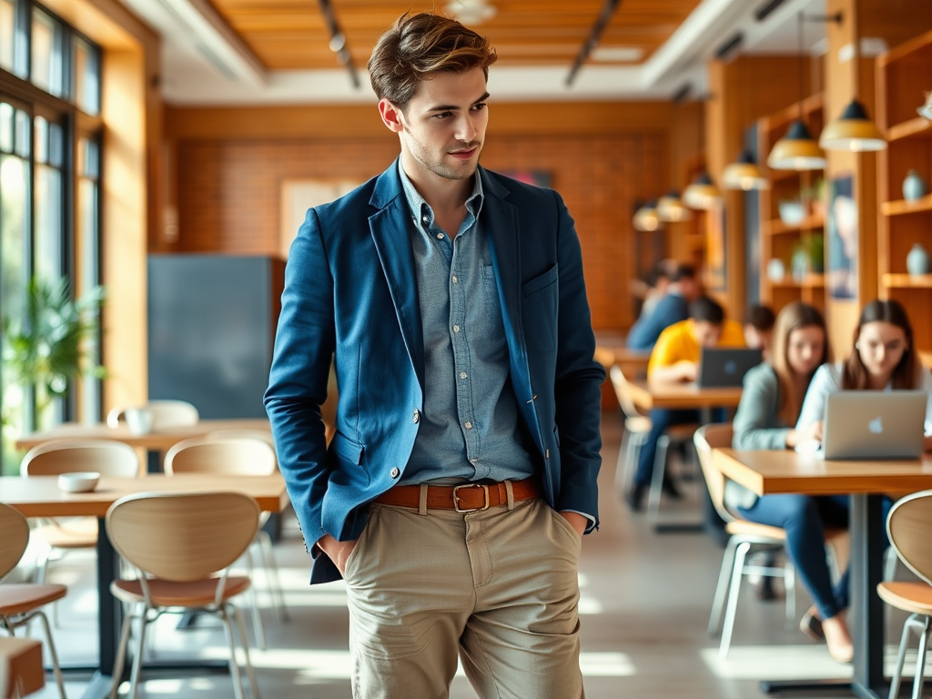 Een jonge man in een blauwtinten outfit staat in een moderne café-omgeving, omringd door andere gasten.