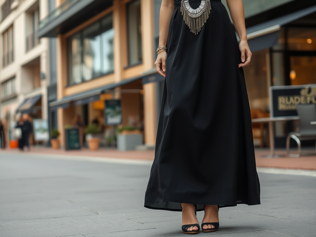 Een vrouw in een zwarte maxi-jurk met een opvallende ketting, staand op een straat met cafés en winkels.