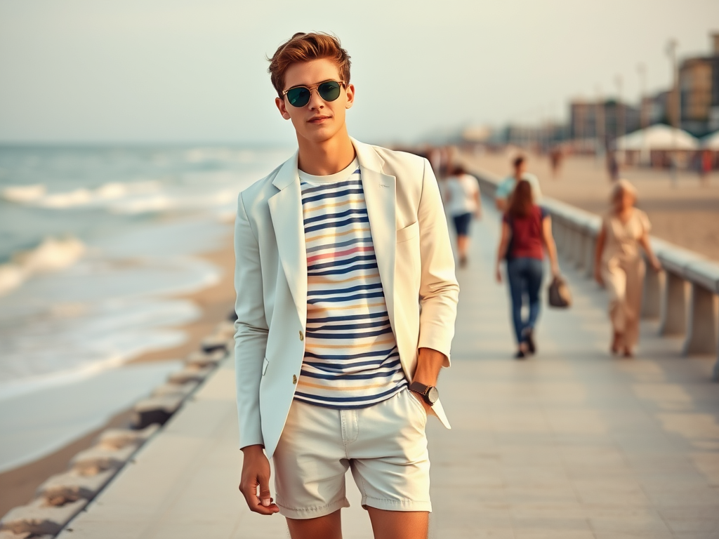 Een jonge man in een wit jasje en zonnebril staat op de promenade bij het strand, met mensen op de achtergrond.